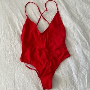 Red one-piece lace-up swimsuit